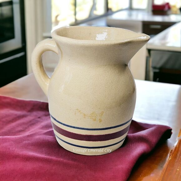 Vintage Robinson Ransbottom Pottery Roseville Ohio #850 1 Qt Pitcher Blue & Red - Picture 1 of 15